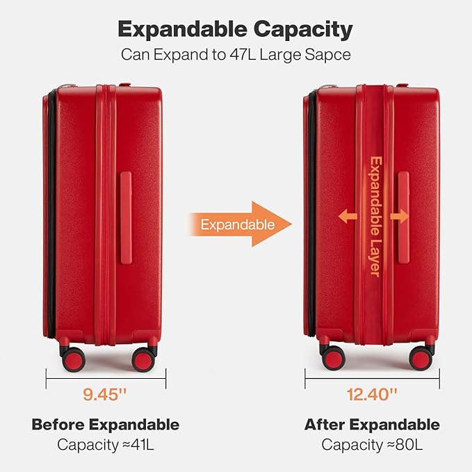 mixi 20 Inch Expandable Carry On Luggage PC Hard Shell Suitcase Top Opening Rolling Travel Suitcases with Spinner Wheels & TSA Lock, Red