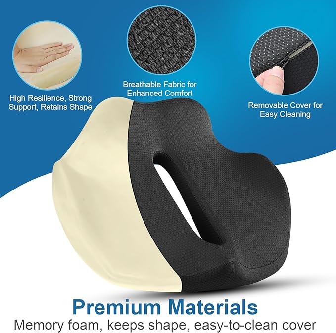 PilloVive Memory Foam Seat Cushion for Office Chairs & Car Seat - Ergonomic Office Desk Seat Cushion- Doctor Recommended for Tailbone & Sciatica Pain Relief & Back Support(Black)
