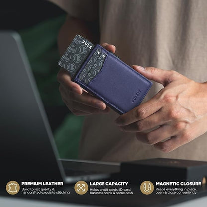 VULKIT Men's Wallet with ID Window Top Grain Leather RFID Blocking Minimalist Wallet Pop Up Card Holder Magnetic Closure