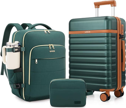 Luggage Sets 3 Piece, Carry On Luggage 20In With Spinner Wheels,PC Hardside Suitcase Set with TSA Lock,Durable Carry On Suitcase With Travel Backpack for Men (Dark Green, 3 piece set (BP/20inch))