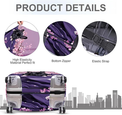 ANNA QUEEN French Bulldog Luggage Cover, Cute Black Dog with Pink Flowers Suitcase Protector, Stretchable Washable Travel Sleeve for 20-22 Inch Luggage