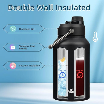 Jug with Handle,87 oz Insulated Water Bottle with Carrying Pouch, Double Wall Vacuum Stainless Steel Metal Bottle,Black