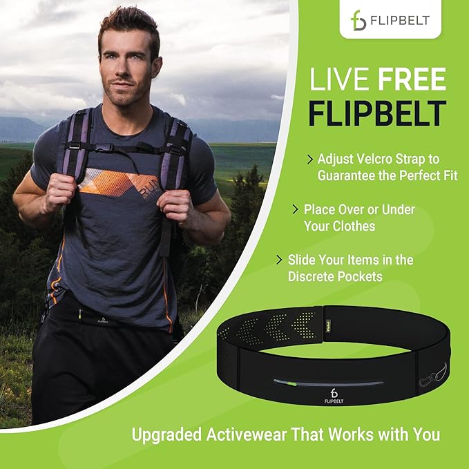 FlipBelt Adjustable Running Belt, Fitness and Running Fanny Pack for Women and Men, Non Chafing Waist Band Pack for Phone Keys Money, Moisture Wicking Storage Belt, USA Company