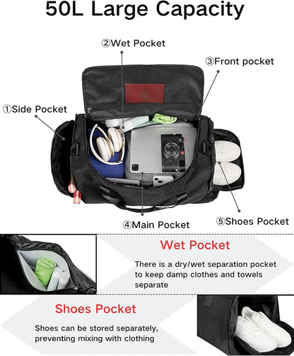 Travel Duffle Bag Backpack for Men Women, 50L Sports Gym Bags with Shoe Compartment & Wet Pocket, Waterproof Carry On Bag Backpack for Workout, Fitness, Overnight Trips Black