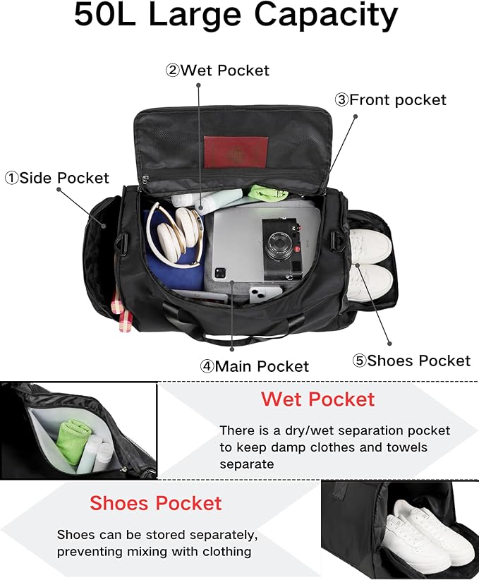 Travel Duffle Bag Backpack for Men Women, 50L Sports Gym Bags with Shoe Compartment & Wet Pocket, Waterproof Carry On Bag Backpack for Workout, Fitness, Overnight Trips Green