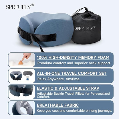 SPRFUFLY Super Soft Travel Pillow, 100% Memory Airplane Pillow with Sleep Mask and Ear Plugs, Breathable Removable Cover & Ergonomic Design - Essentials Neck Pillow for Airplane, Office & Home Use