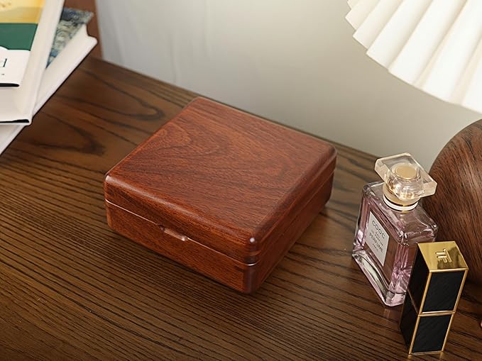Rosewood Cufflink Organizer Storage Box No-Veneer Solid Wood Craftsmanship Hold 12 Cufflinks Rings Earrings Smooth Surface Soft Coral Fleece Lining Compact for Travel Gift Jewelry Enthusiasts