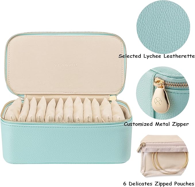 Vlando Travel Jewelry Box Organizer - 12 Small Velvet Zipped Pouches Pockets for Jewelries Necklaces Rings Earrings Sorting Storage, Aqua Blue