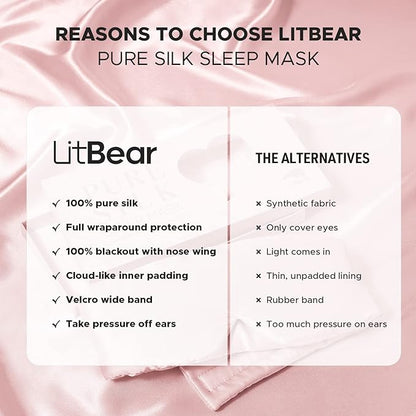 LitBear Silk Sleep Mask for Side Sleeper, Eye Mask Sleeping for Women Men 100% 22 Momme Pure Mulberry Silk, Face-Hugging Padded Eye Cover for Sleeping with Adjustable Band (Pink)