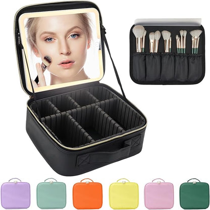 Travel Makeup Bag with LED Lighted Mirror, Travel Makeup Organizer,3 Color Setting Cosmetic Makeup Box, Adjustable Dividers and Brush Holder（black）