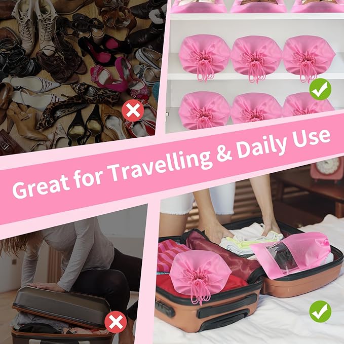 20 Pack Shoe Bags for Travel, Large Travel Shoe Bags for Packing with Clear Window, Dustproof Drawstring Travel Shoe Storage Bags Travel Essentials for Men & Women, Pink