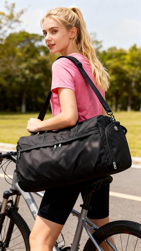 Gym Bag for Women Men with Shoe Compartment, Sport Duffel Bag, Waterproof Travel Weekender Overnight Carry on Bag for Yoga with Trolley Sleeve, Black