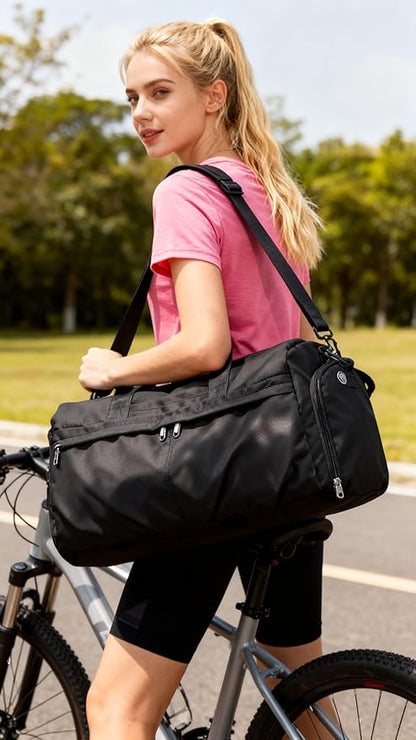 Gym Bag for Women Men with Shoe Compartment, Sport Duffel Bag, Waterproof Travel Weekender Overnight Carry on Bag for Yoga with Trolley Sleeve, Black