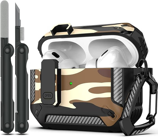 RFUNGUANGO for AirPods Pro 2nd Gen Case with Cleaning Kit, Military Hard Case Protective Armor with Lock, for AirPod Gen 2 Charging Case (2023/2022/2019, 2nd Gen/1st Gen), Desert Camo