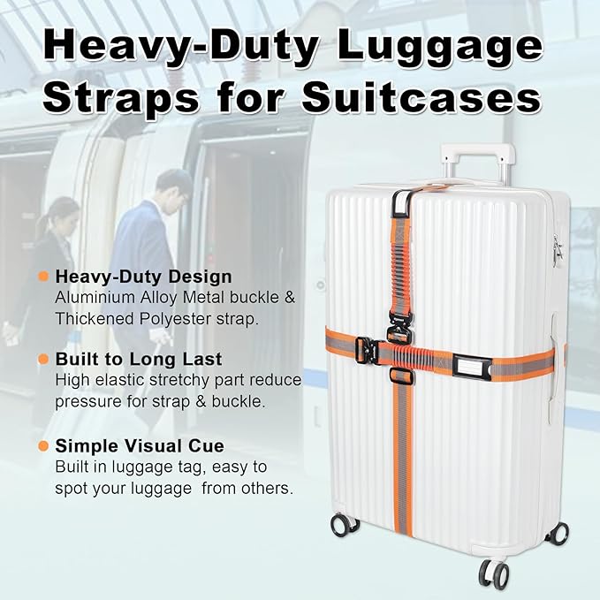 Vigorport Luggage Straps for Suitcases 2 Pack, Heavy Duty Metal Buckle Luggage Belt Strap, TSA Approved Suitcase Belt, Stretchable Travel Strap for Luggage (Orange, 72''L & 79''L)