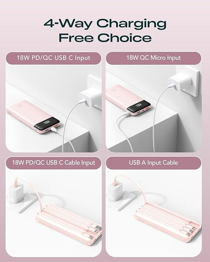 20000mAh Power Bank Fast Charging, Portable Charger with 4 Built-in Cables & 6 Outputs, 20W PD USB C Battery Pack Compatible with iPhone 16/15, Galaxy, Android, iPad & More (Travel Essential)