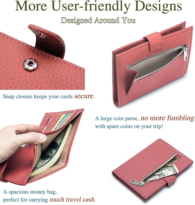 Slim RFID Passport Wallet for Women – Leather Travel Wallet Womens with Passport Slot & Card Slots, Zippered Coin Pocket & Cash Holder Travel Organizer Burnt Sienna (Brick Red)