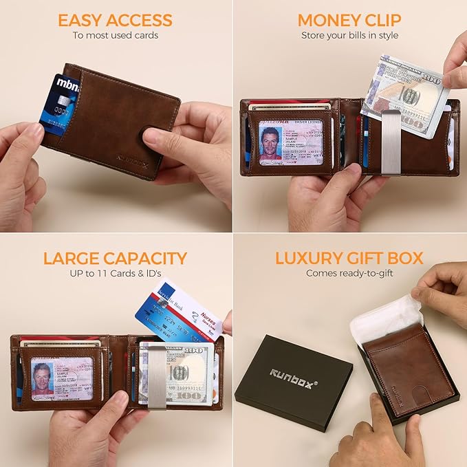 RUNBOX Money Clip Slim Wallets for Men RFID Blocking 11 Card Holder Minimalist Small Leather Bifold Men's Front Pocket Wallet Gift Box