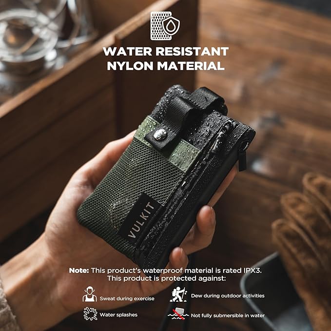 VULKIT Small RFID Wallet for Women & Men – Minimalist Zipper Wallet with ID Window, Keychain & Carabiner, Holds 15 Cards, Water Resistant Travel Lanyard Wallet Army Green Black