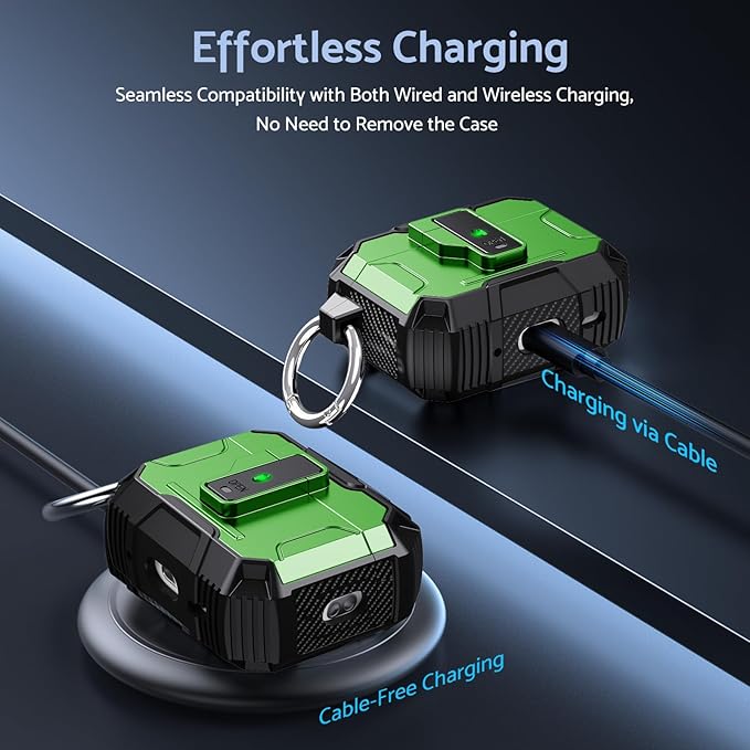 DASFOND Armor Earphone Cover Case for Airpods Pro 2, Military Grade Full Body Shockproof Protection Hard Case, Support Wireless Charging with Keychain, Magnetic Lid, Front LED Visible, Green