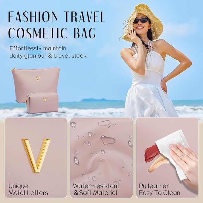 Women Gifts | Initial Makeup Bag Set for Girl Personalized Gifts for Bridesmaid Friend Graduation Teachers PU Leather Cosmetic Travel Toiletry Bag(Pink,V)