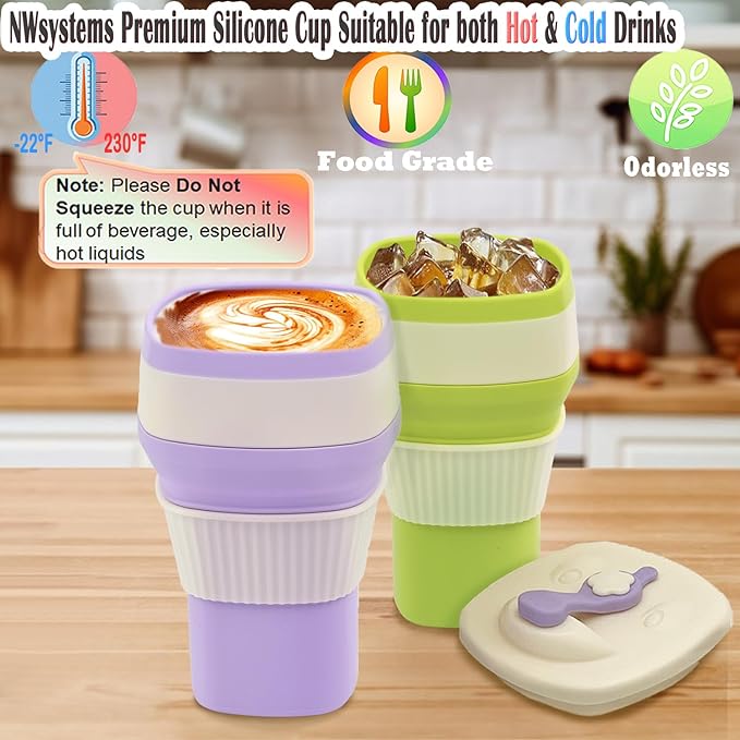 Collapsible Silicone Cup, Safe & Portable, for Hot & Cold Drinks, 18.6 oz (550 ml) - Travel, Camping, Office, and More – Lavender