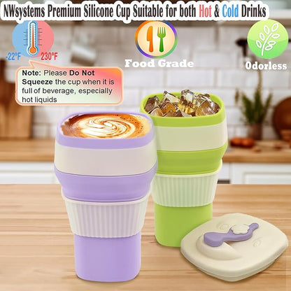 Collapsible Silicone Cup, Safe & Portable, for Hot & Cold Drinks, 18.6 oz (550 ml) - Travel, Camping, Office, and More – Lavender