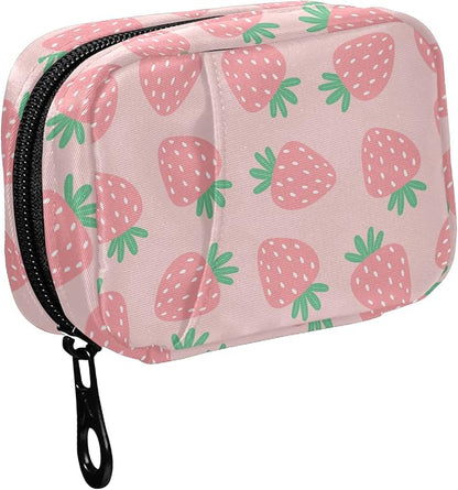 Fustylead Pink Strawberries Travel Pill Organizer Bag with Zipper Small Pill Box 7 Day Pill Case for Purse Storage Weekly Vitamin Medicine Supplement