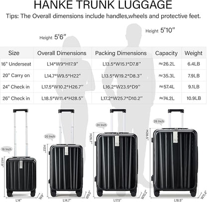 Hanke 16 inch Underseat Carry On Suitcases with Wheels,Lightweight Hard Shell Carry on Luggage with Wheels for Weekender,Top Opening Small Suitcase,Travel Luggage for Womem Men,Jet Black.