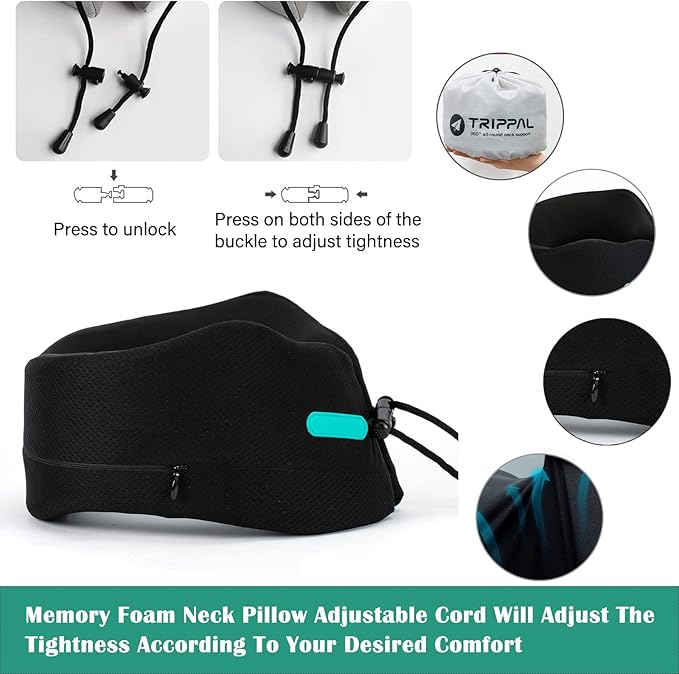 Travel Neck Pillow for Airplane Chin Support Memory Foam Machine Washable for Airplane Sleeping Car Office Black M