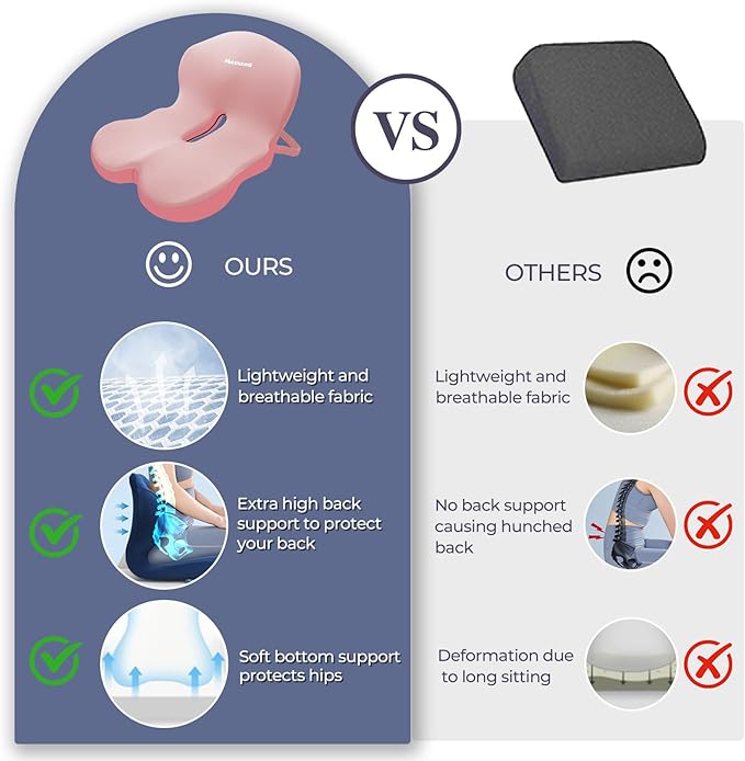 Memory Foam Seat Cushion for Sciatica & Back Pain Relief - Ergonomic Chair Pad with Adjustable Strap & Supportive Comfort Cover, Non-Slip for Car, Truck, Office Chair - Pink