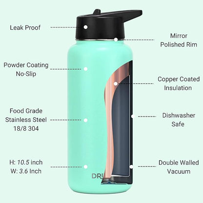 DRINCO Stainless Steel Water Bottle Spout Lid Vacuum Insulated Double Wall Water Bottle Wide Mouth (40oz 32oz 22oz 18oz 14oz) Leak Proof Keeps Cold or Hot (32 oz, 32oz Teal)