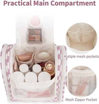 Narwey Small Checkered Hanging Travel Toiletry Bag for Women, Travel Bag for Toiletries, Makeup Bag Organizer Cosmetic Bags Make Up Bags for Women (Dusty Rose Checkerboard)