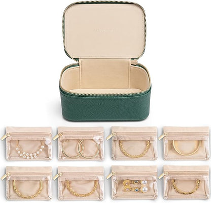 Vlando Jewelry Box with 8 Velvet Jewelry Bags Travel Jewelry Storage Box Petal Hardware Jewelry Organizer for Necklace Rings Earrings Women Gifts for Christmas Birthday-Green