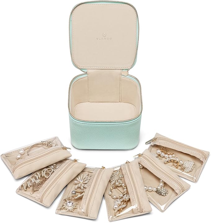 Vlando Travel Jewelry Box for Women Faux Leather Jewelry Box with 6 Velvet Jewelry Zipper Pockets Earrings Necklace Rings Storage Boxes Christmas Gift for Mom Wife(Lake Blue)
