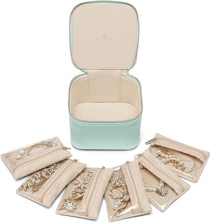 Vlando Travel Jewelry Box,Jewelry Travel Case with 6 Velvet Jewelry Zipper Pockets Travel Jewelry Organizer for Ring Bracelet Christmas Wedding Birthday Gifts for Wife Daughter Lake Blue