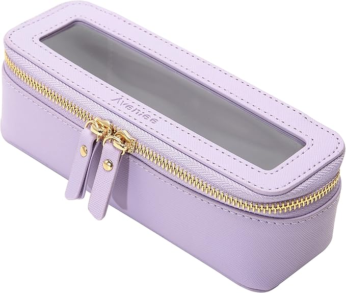 Aveniee Clear Makeup Brush Bag, Slim Brush Holder Cosmetic Case, Small Travel Toiletry Bag for Women, Thin Make up Bags with Dual Zipper, Cute Travel Essentials Srorage Bag.Lilac