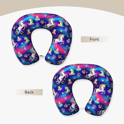 Comfortable Memory Foam Travel Neck Pillow, Funny Chin/Head Cushion Supporting Airplane Car Pillows Rainbow Galaxy Unicorns Space Art for Sleeping Outdoors Travel Office