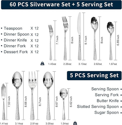 KINGSTONE Hammered Silverware Set, Flatware Set with Serving Utensils, 18/10 Stainless Steel Premium Cutlery with Unique Ripple Handles Design Mirror Polished - Dishwasher Safe (65-Piece)