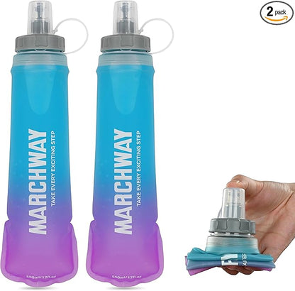 MARCHWAY Soft Hydration Flask with Wide Mouth, 300ml/500ml Collapsible TPU Water Bottle, Leakproof Portable Flexible for Running, Hiking, Cycling, Climbing, Gym, Travel (2pcs Blue-Purple 500ml)
