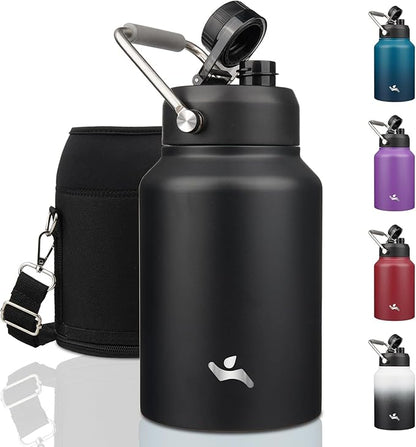 Half Gallon Jug with Handle,64 oz Insulated Water Bottle with Carrying Pouch,Double Wall Vacuum Stainless Steel Metal Bottle,Black
