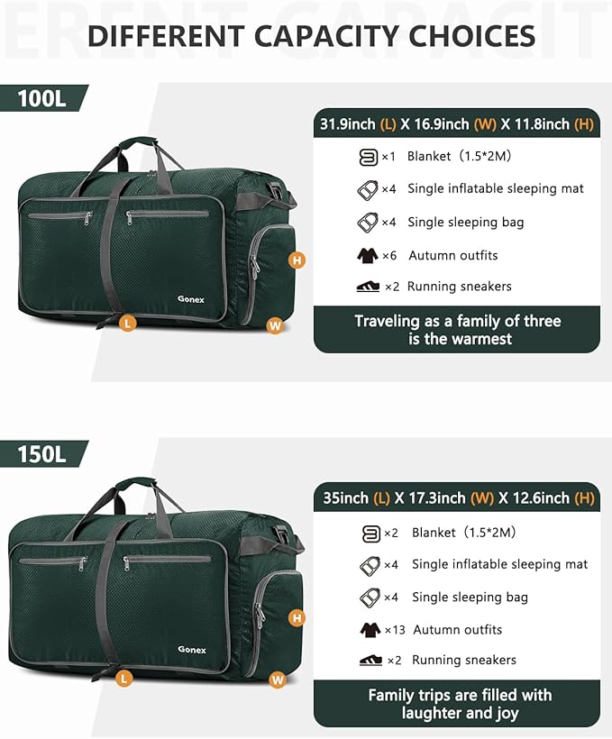 Gonex 40L 60L 80L 100L 150L Large Foldable Travel Duffle Bag with Shoes Compartment, Packable Lightweight Water Repellent Duffel Bag for Camping Gym Weekender Bag