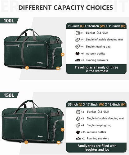 Gonex 40L 60L 80L 100L 150L Large Foldable Travel Duffle Bag with Shoes Compartment, Packable Lightweight Water Repellent Duffel Bag for Camping Gym Weekender Bag