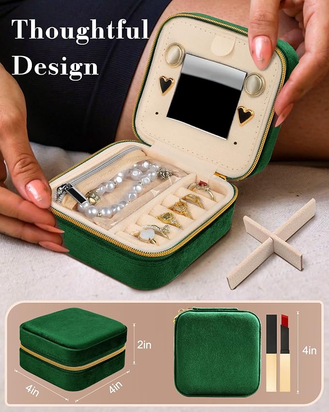 Bistup Travel Jewelry Case - Small Jewelry Organizers and Storage Box for Women Girls Teens Cute Traveling Jewelry Holder with Mirror Little Tiny Compact Modern Unique Aesthetic Pretty, Geen