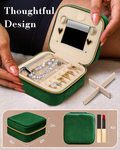 Bistup Travel Jewelry Case - Small Jewelry Organizers and Storage Box for Women Girls Teens Cute Traveling Jewelry Holder with Mirror Little Tiny Compact Modern Unique Aesthetic Pretty, Geen