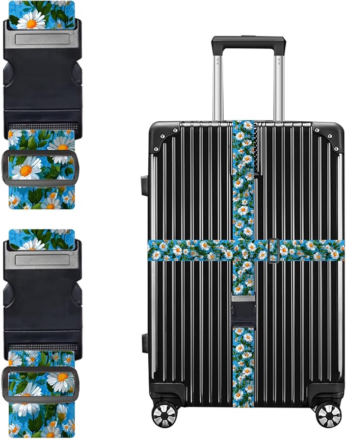 Nuxovilar Luggage Straps of 2 Set White Daisies on Blue Background Pattern, Durable Material 1.96 * 70.86 Inches for Suitcases, Travel Gear for 22-28 Inch Luggage, Perfect for Spring Trips