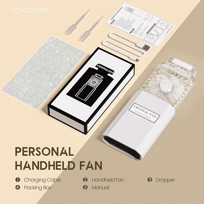 LIGHTDESIRE DIY Bling Crystal Rhinestones Handheld Mini Personal Cooling Fan, 3 Speeds Mode with Crystal Rhinestones Sticker Sheet (White Fan with DIY Diamonds)