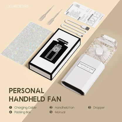 LIGHTDESIRE DIY Bling Crystal Rhinestones Handheld Mini Personal Cooling Fan, 3 Speeds Mode with Crystal Rhinestones Sticker Sheet (White Fan with DIY Diamonds)