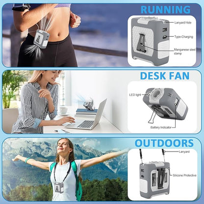 Portable Fan Wearable Personal Fan with 5 Speed Max 55 Working Hours Low Noise Portable Neck Fans Cooling Waist Fans for Camping Traveling LED Power Display 10000mAh Rechargeable (White and Gray)