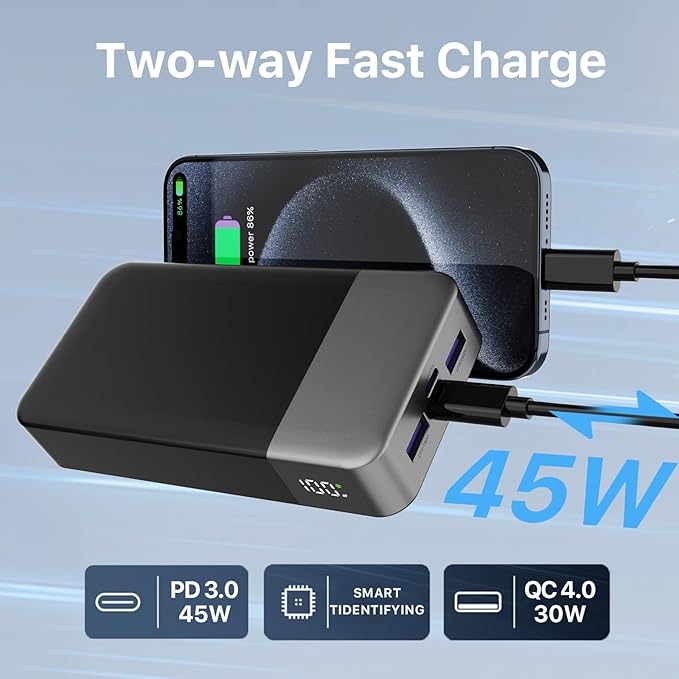 NOBIS Portable Charger, 20000mAh Power Bank, 45W Power Bank Fast Charging, Battery Pack with C to C Cable, Battery Bank with Digital Display for iPhone Android Laptop etc(Black)